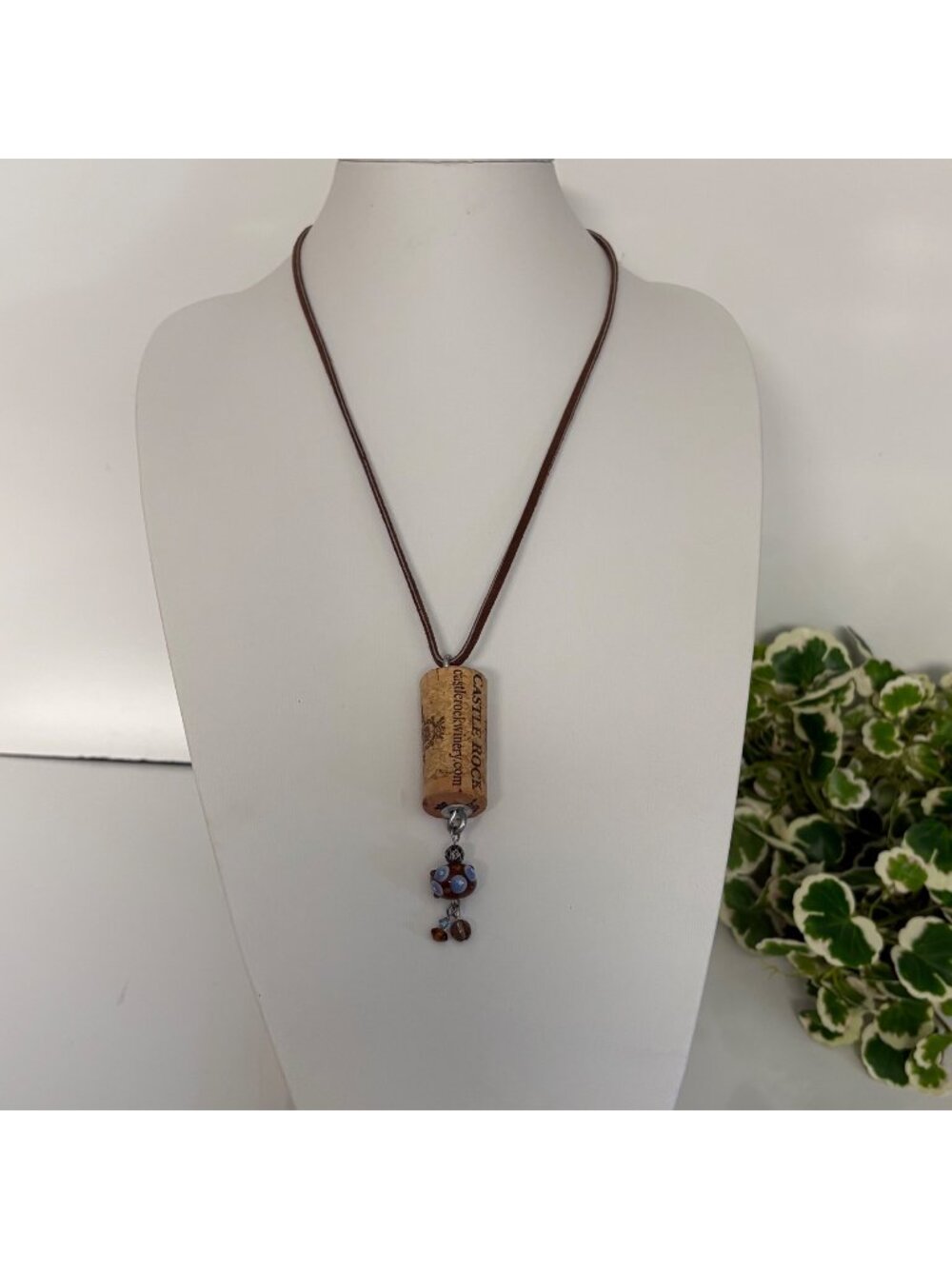 Handmade Wine Cork Necklace Castle Rock Pendant Beaded Dangle Upcycled Jewelry